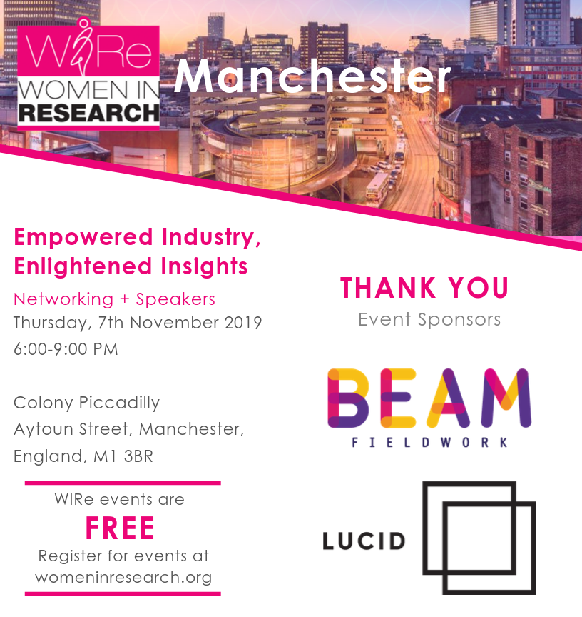 Just 🖐️ spots left! Join us tomorrow in Manchester for a networking event "Empowered Industry, Enlightened Insights" — register NOW at bit.ly/2DVRk8W. A BIG thank you to <a href="/beamfieldwork/">BEAM Fieldwork</a> and <a href="/lucid_hq/">Lucid (a Cint Group Company)</a> for supporting this event and #WomeninResearch! 

#MRX #MarketResearch