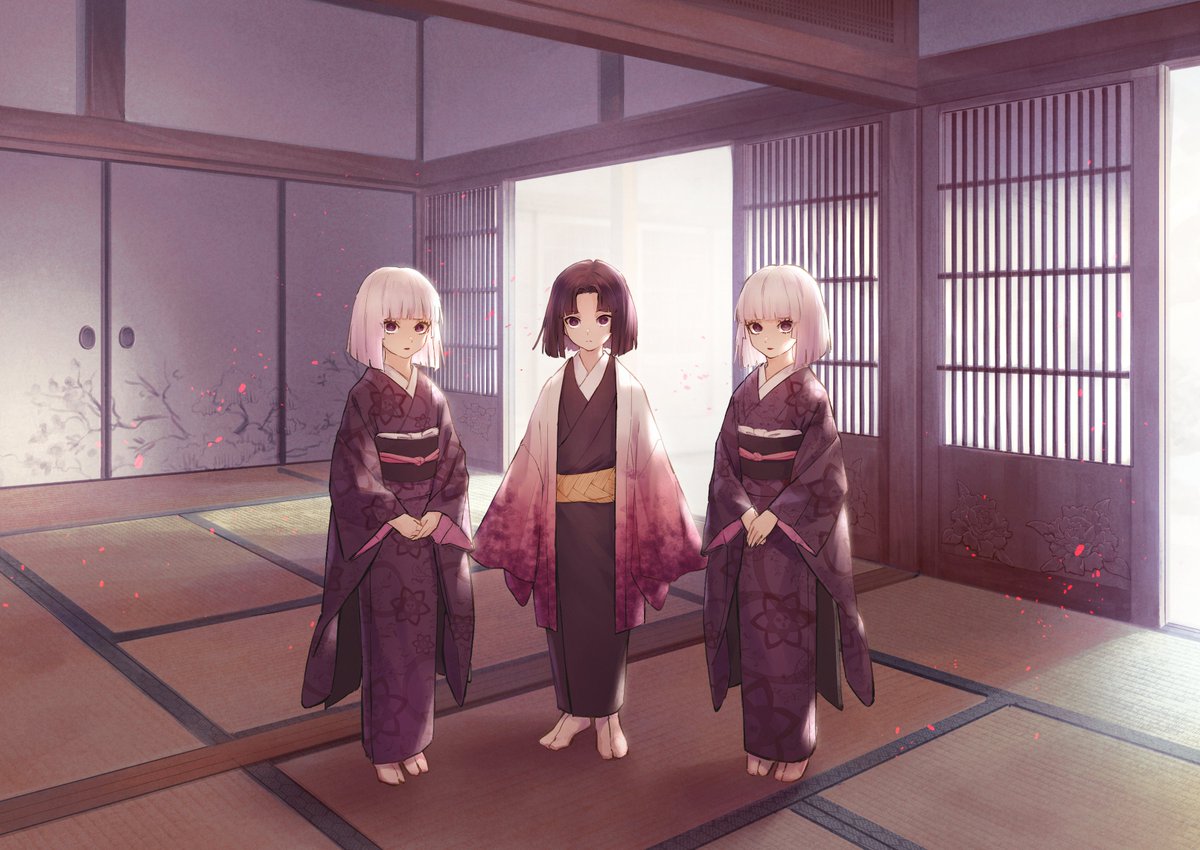 japanese clothes kimono multiple girls 3girls siblings tatami sash  illustration images