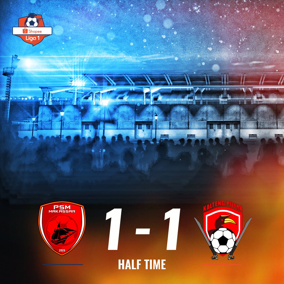 <a href="/PSM_Makassar/">PSM Makassar</a> <a href="/KaltengPutraKu/">KALTENG PUTRA</a> HALF TIME: <a href="/PSM_Makassar/">PSM Makassar</a> 1-1 <a href="/KaltengPutraKu/">KALTENG PUTRA</a>.

Gol Pandi Lestaluhu dibalas gol Amido Balde, skor imbang menutup babak pertama di Stadion Andi Mattalatta.

#PSMvKLTG