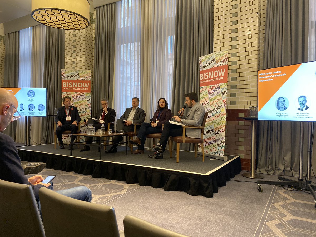 Bbk_Bianca's tweet photo. Interesting views about how the office sector can lead Manchester sustainable regeneration.@pkenyon3 “We need to start changing the way we design buildings, move away from gas energy, fully glazed buildings and start measuring embodied carbon”@Cundall_Global #MOST #netzerocarbon https://t.co/31Ya20cIPo