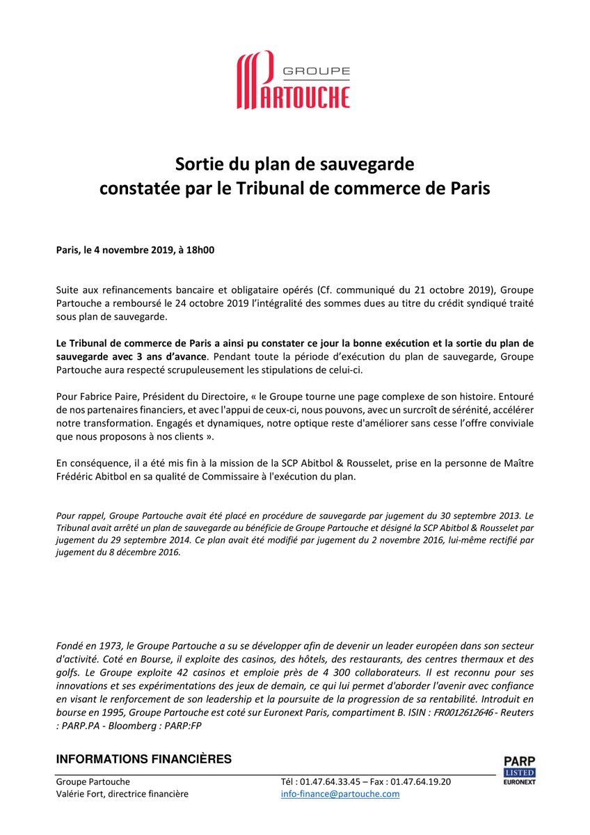 Casinos Partouche (@partouche) on Twitter photo #CommunicationOfficielle
Le groupe <a href="/Partouche/">Casinos Partouche</a> est fier d'annoncer sa sortie du plan de sauvegarde avec 3 ans d'avance.
Découvrez notre communiqué officiel !
#finance #partouche #casino #divertissement #presse #CommunicationOfficielle
Le groupe <a href="/Partouche/">Casinos Partouche</a> est fier d'annoncer sa sortie du plan de sauvegarde avec 3 ans d'avance.
Découvrez notre communiqué officiel !
#finance #partouche #casino #divertissement #presse