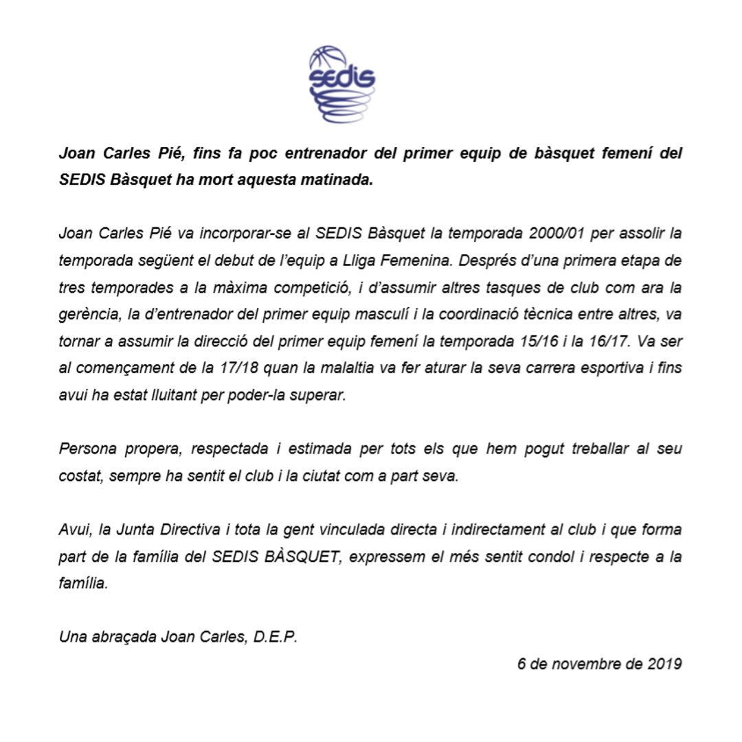 Avui es un d’aquells dies que costa articular o escriure paraula.

✍🏻 Persona propera, respectada i estimada per tots els que hem pogut treballar al seu costat, sempre sentint el club i la ciutat com a part seva.

No t’oblidarem Joan Carles, una forta abraçada, DEP.