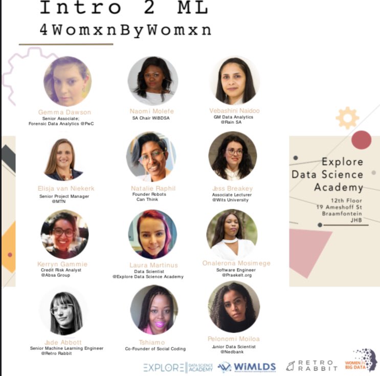 DataWomenSA's tweet photo. We’re excited to have our first Introduction to #ML workshop for women of all professional levels and backgrounds. Taking place in 8 days 💃🏽 Looking forward you hearing from our speakers & seeing you all @RLadiesJozi @MamasCoding @social_coding @WiMLDS_JHB https://t.co/yK5vEsnSLd