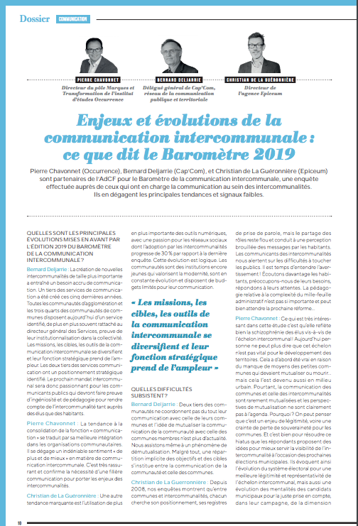 BaroComInterco's tweet image. [1/2] Le numéro 244 du magazine Intercommunalité édité par @l_AdCF est disponible ! 
Vous pouvez y retrouver en page 10 une interview croisée de @gueronni, @BDeljarrie et @PierreC65 à propos des résultats du baromètre de la communication intercommunale. 
#compublique #interco