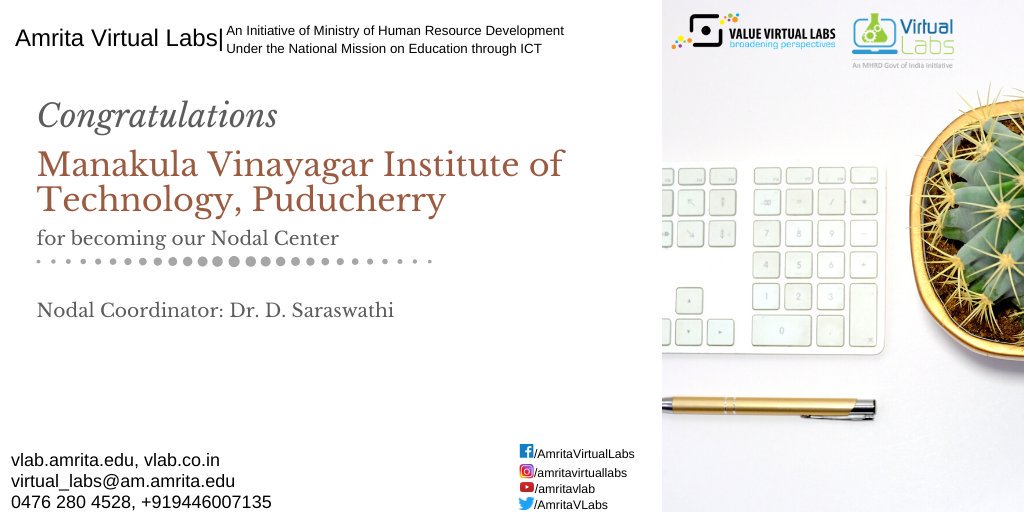 AmritaVLabs's tweet photo. Congratulations Manakula Vinayagar Institute of Technology, Puducherry for becoming Amrita Virtual Labs Nodal Center.

Nodal Coordinator: Dr. D. Saraswathi

#virtuallabs #MHRD #ICT #AmritaUniversity #Nodalcenter https://t.co/C9ecLiJtCC