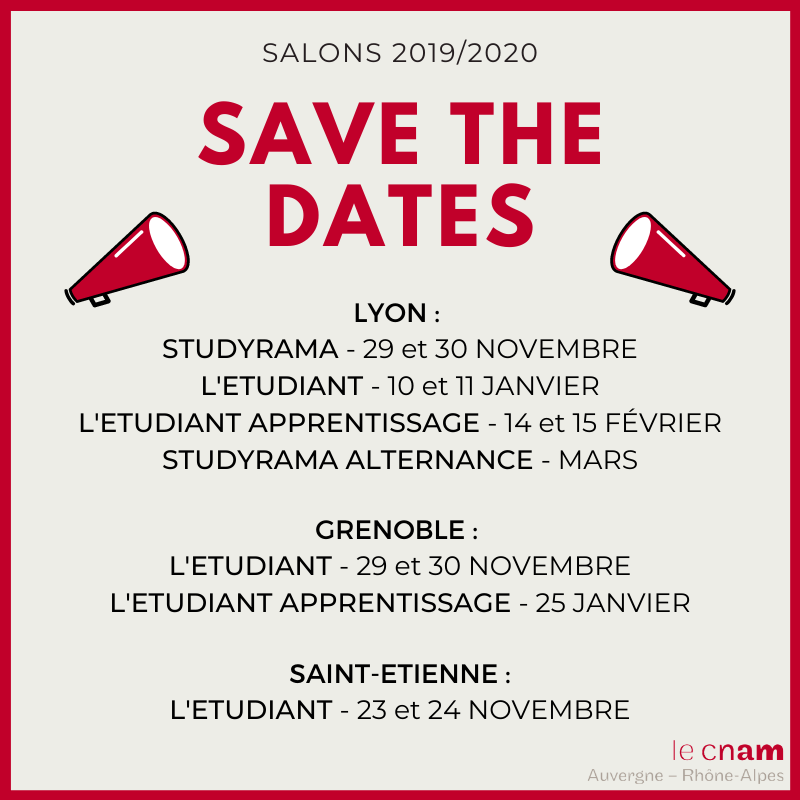 LeCnam_ARA's tweet photo. Retrouvez-nous sur les salons L'Etudiant et Studyrama de Saint-Etienne, Lyon et Grenoble au cours des prochaines semaines pour découvrir nos formations et nos équipes !

On vous attend nombreux, bientôt plus d'infos sur nos emplacements 😉

#salon #formation #exposant https://t.co/odroLNnEg2