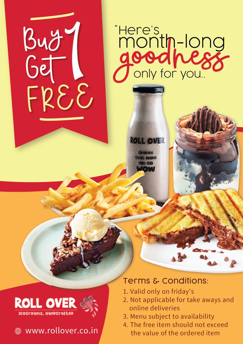 rollover_india's tweet photo. The tragedy is nothing in this world is free, but we have etched out some strategy that’s making offers raining even in November. ‘Buy 1 and get 1 Free’ on all items in the menu from shakes to roll ice creams and snacks. Visit any of our outlets, https://t.co/HB3glJltNa