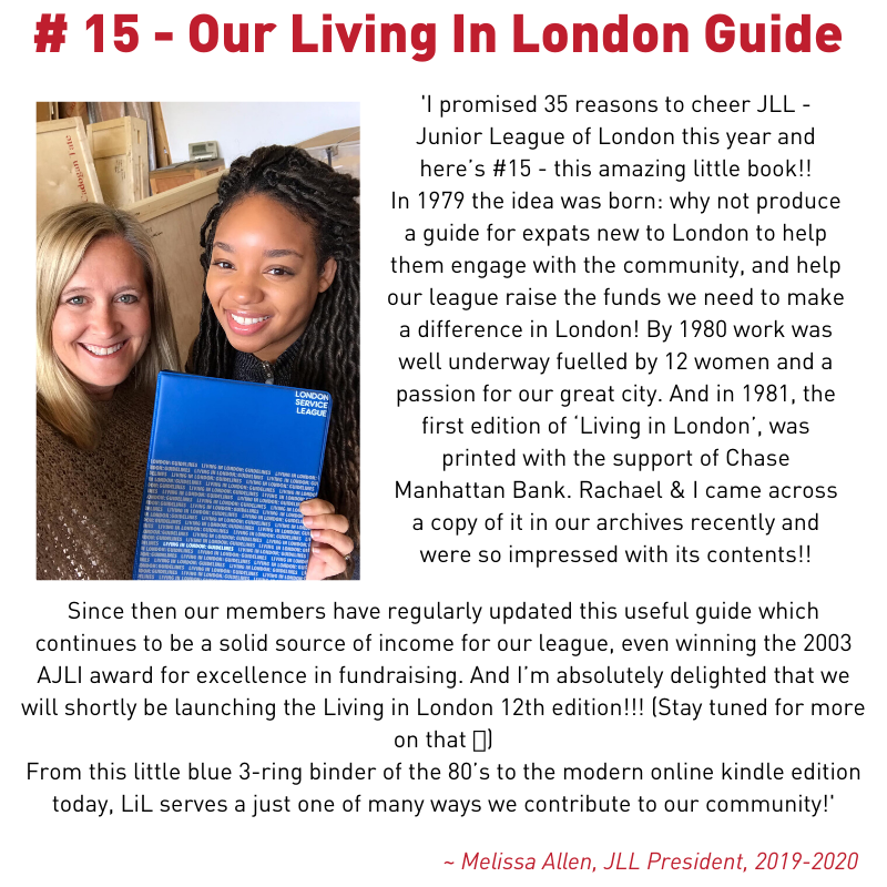 JrLeagueLondon's tweet photo. #35CheersFor35YearsofJLL ππ€π¬π§Reason 15: Our 'Living In London' Guide!
*
New edition coming soon!!
*
#Happy35thJLL #ThisJLLCan #JLLCatalysts4Change #Fundraising #Community #London #TravelBook #LondonExpats #JuniorLeague #JrLeagueLondon https://t.co/uiZmSq6DIr