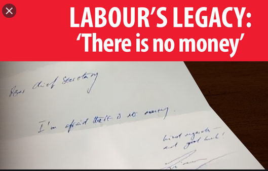 ClearyPhil's tweet photo. @AxelBCreative Ah, you forgot something: the financial mess Labour left in 2010, represented by the gleeful note of Liam Byrne, the Labour Minister, for the information of the incoming Tory Minister 'Sorry, there's no money left' - all that's missing is a smiley face #Laboursfault https://t.co/qREocHnGuJ
