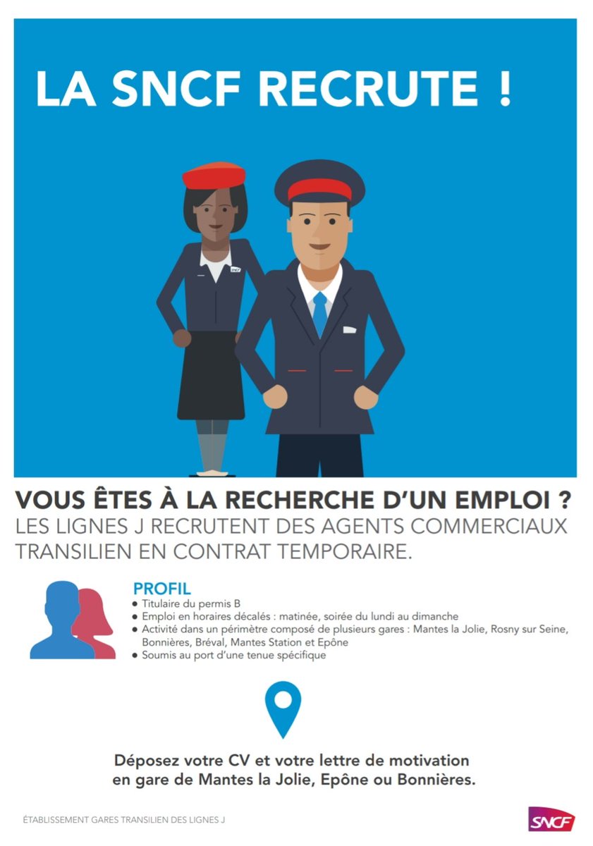 CyrillePlacet's tweet photo. Les gares de @manteslajolie @Mantes_la_Ville @Bonnieres78270 @RosnysurSeine78 #EponesMézières recrutent ! Venez déposer vos CV ! https://t.co/Xu2YBO5IyF
