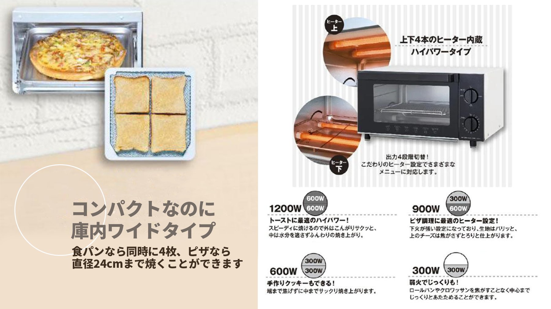 Nitori 広っ ピザまるごと焼ける コンパクトなのに庫内広々 オーブントースター レナ は ピザなら直径24cm 食パンなら４枚焼ける 大火力10w あたために最適な300wまで出力4段階 外して洗える焼き網 幅38