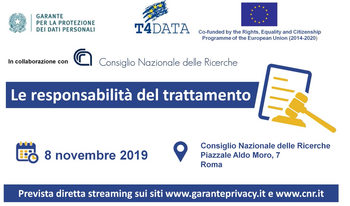CNRsocial_'s tweet photo. #8novembre al #Cnr di #Roma
#T4DATA - Le responsabilità del trattamento
👇
https://t.co/edXmE3dt5Q
Tappa romana del ciclo di incontri dedicati alla formazione dei Responsabili della protezione dei dati #RPD operanti presso i soggetti pubblici
#GarantePrivacy #privacy #RGDP https://t.co/coWfYgxA1Z