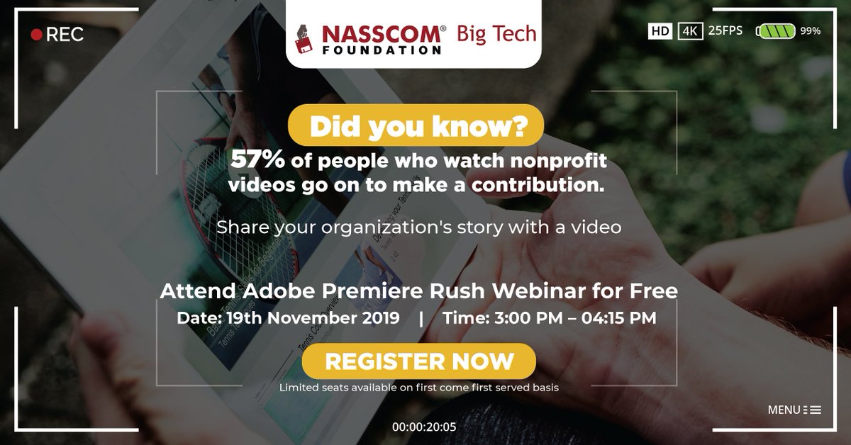 Learn to create impactful videos for your #NGO to drive donations &amp; get better engagement. Join us for a free webinar on Adobe Premiere Rush from the Adobe experts on 19th November. Register today: nasscomfoundation.org/bigtech-webina… #premiererush