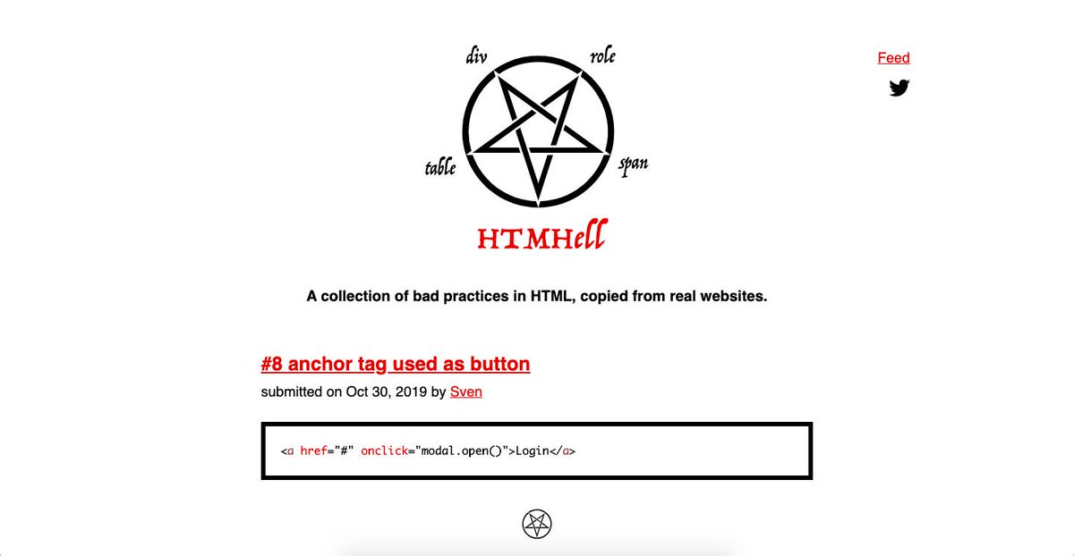 selleo's tweet image. Here's our recent find - a website full of bad practices in HTML, copied from real websites. Enjoy! #htmlhell #badpractices #bestpractices

htmhell.dev
