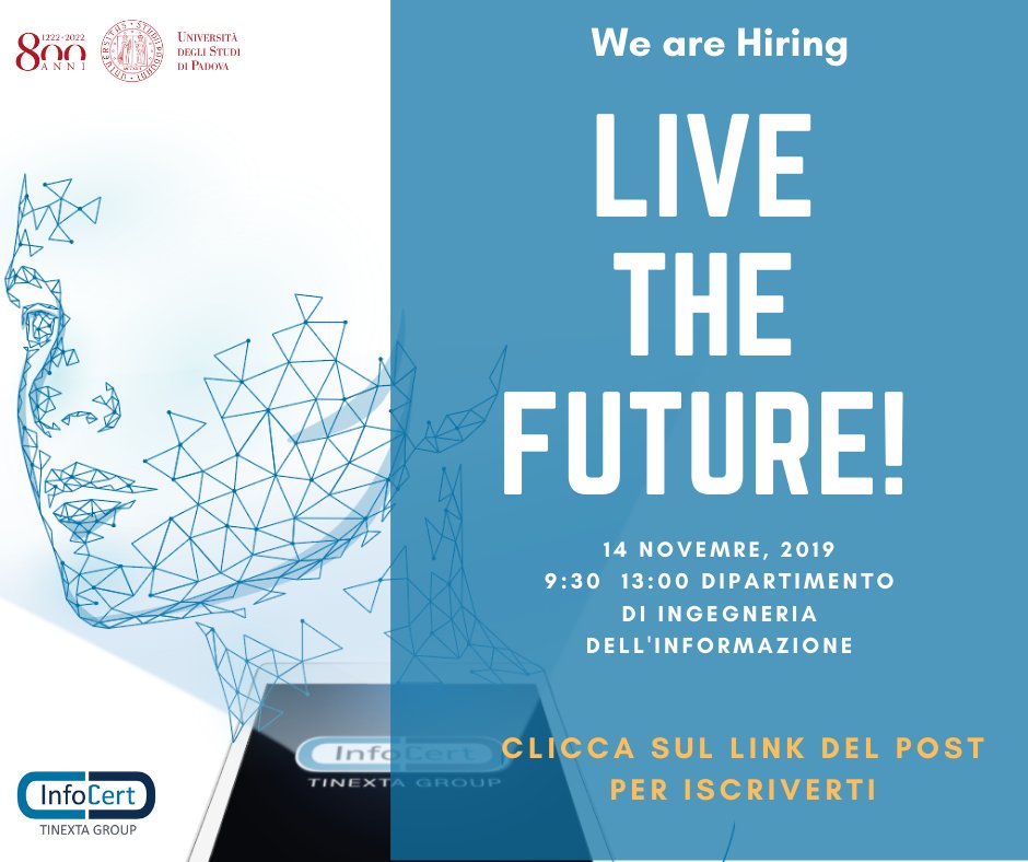InfoCertSpA's tweet photo. #Job #JobPics #UniPD 

Vieni a trovarci il 14 novembre al Dipartimento di Ingegneria dell'Informazione dell'Università di Padova e scopri come costruire il tuo Futuro con noi! 

Iscriviti qui https://t.co/xX4gDsR3zK https://t.co/ne8SVqpIuU