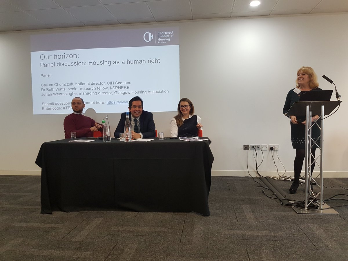 CIHScotland's tweet photo. After those fascinating and thought provoking talks, @chomczuk @BethWatts494 and Jehan Weerasinghe now take questions from the floor. #tbcs2019 @CIHFutures @WheatleyHousing @GEM_Housing https://t.co/2n5CTDP0fS