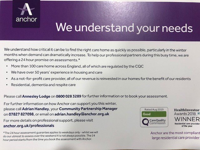 AnnesleyLodge's tweet photo. We understand how critical it can be to find the right care home as quickly as possible.  To help our professional partners we are offering a 24 hour promise on assessments* Please call Annesley Lodge on 0800 028 3289 for further information #hucknall #carehome #24hourassessment https://t.co/CsF5tHk6B6