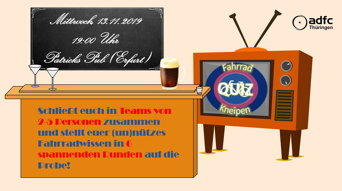 CMErfurt's tweet photo. kleiner #Veranstaltungstipp von uns: ADFC #Fahrradkneipenquiz
Wann: 13.11.2019 um 19 Uhr
Wo: #PatricksPub in #Erfurt
Wird bestimmt lustig - viel Spaß allen hierbei.
Weitere Infos unter https://t.co/Wp6F2C6vpD https://t.co/Dmjk9cSI35