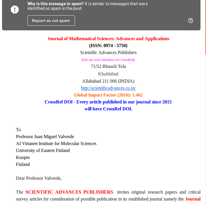 I'm happy to announce that I've received my first predatory/dubious journal related spam message 😅  I became a professor for a day.