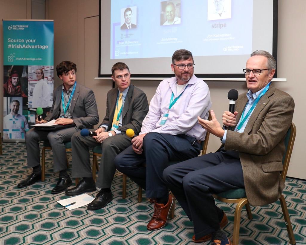 Excellent panel moderated by <a href="/seanmcw7/">Sean McWilliams</a> on the intersection between FinServ/FinTech and Cyber - featuring Chief Privacy and Security officer of <a href="/SocialFinanceUS/">Social Finance</a>, #InfoSec leader Brian McSweeney of <a href="/NorthernTrust/">Northern Trust</a> and CISO of <a href="/stripe/">Stripe</a> Jon Kaltwasser. Well done! <a href="/Entirl/">Enterprise Ireland</a> <a href="/EI_theUSA/">EI theUSA</a>
