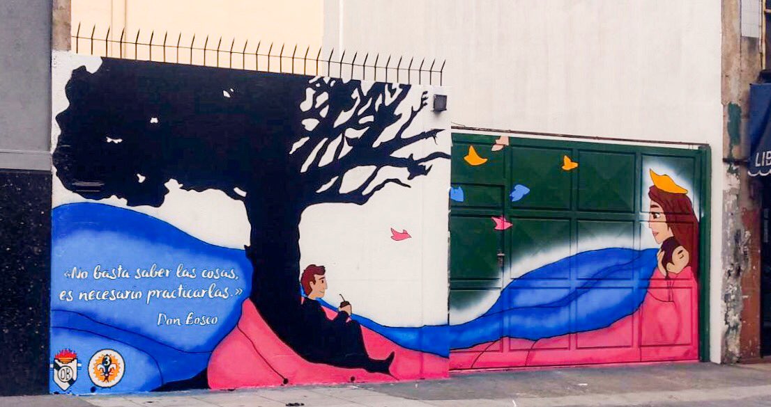 batallon3TB's tweet photo. Con motivo de la celebración del Congreso de María Auxiliadora y la insistencia de poder regalarle algo a ella, el sábado 2/11 animadores y chicos participaron de “la pintada” del mural de Don Bosco y María. 
Fue una jornada intensa de pintura y amor. 
Gracias a todos! https://t.co/J3jDXC93rf