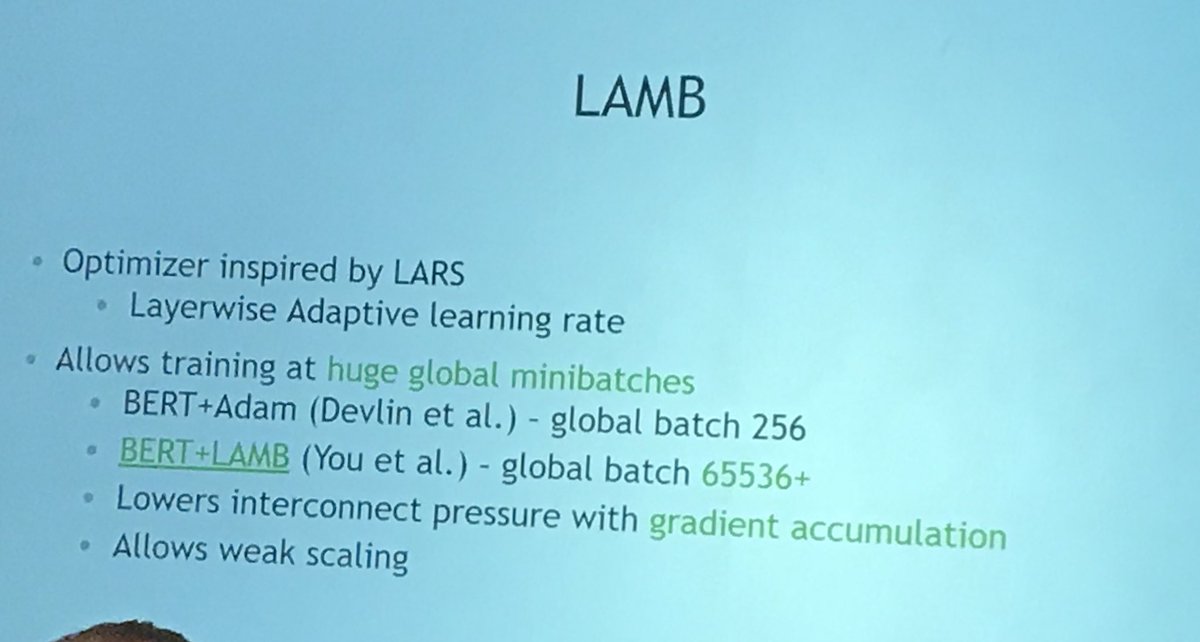 pacejohn's tweet image. Anyone used the LAMB optimizer?  Check out the huge batch size that can be used in comparison to ADAM for multi-GPU training. @MarkIIISystems #GTC19 #multigpu #ai #deeplearning #GPU