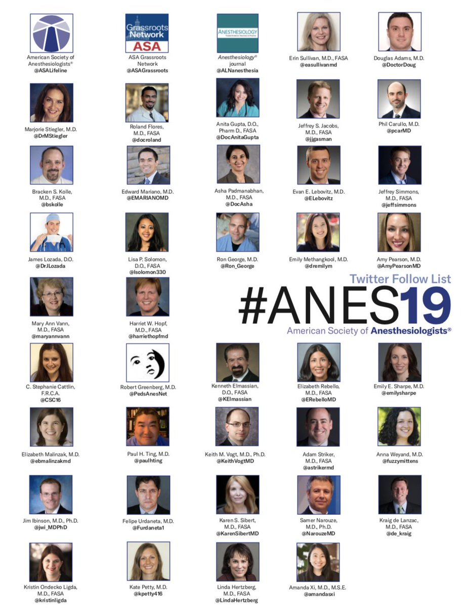 Want to follow top #SoMe #anesthesthesiologists, #anesthesia departments/societies and hashtags? Here's a great list of tweeters attending #SEA19Fall (and I also included one of my fav #anes19 tweeters, @Surgeon_General)! @ASALifeline also has a Twitter follow list!