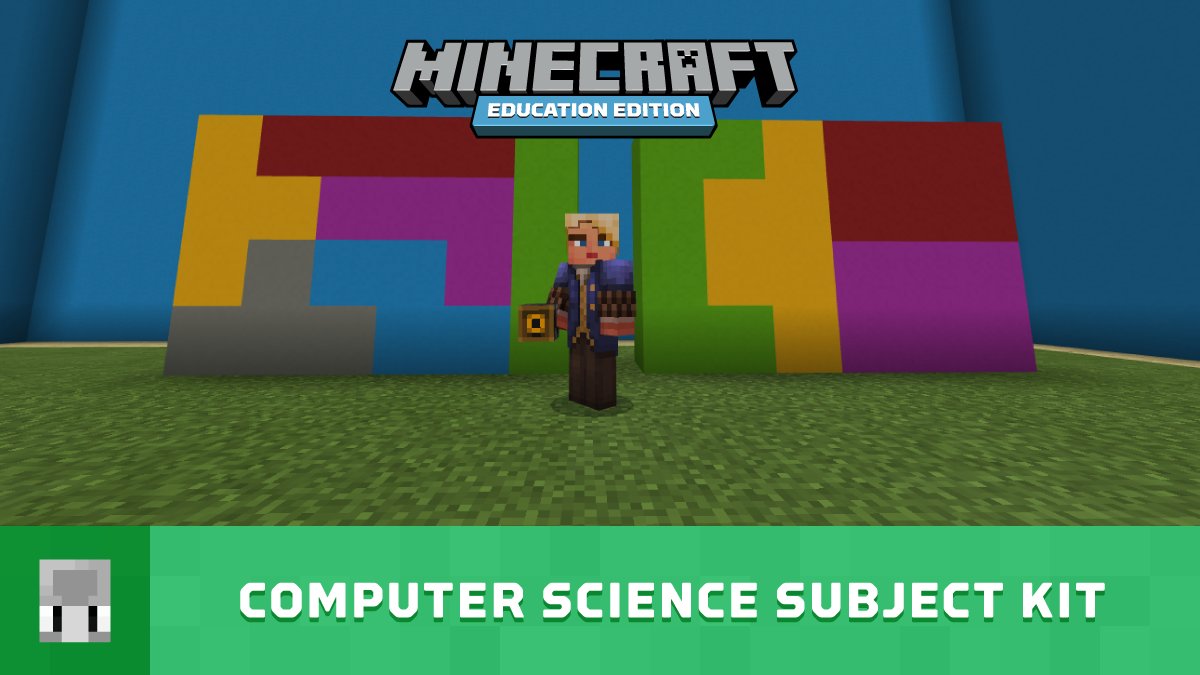A Minecraft: Education Edition character stands in front of a multicolored wall.