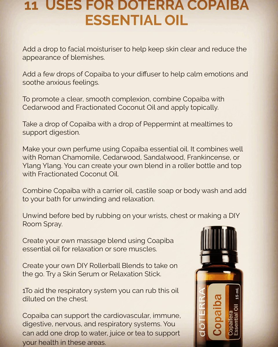 for_essential's tweet photo. If you're like me and need some ideas for how to use a new oil, try these 11 ways to use Copaiba oil. I like 1, 2, and 8. Which one are you wanting to try? #doterra #essentialoils #doterraessentialoils #copaiba #uses https://t.co/T14SGNe5n2