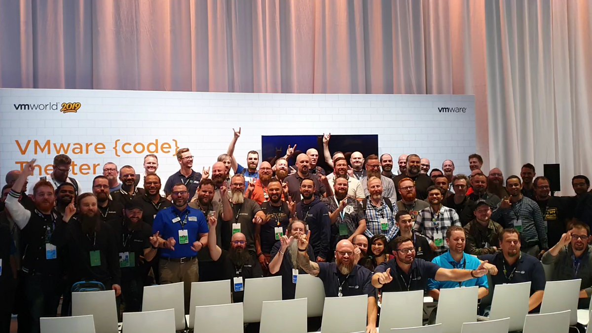 vbeards2018's tweet photo. More pictures from the #vBeards 2019 community photo and Poloshirts give away - thanks to the @VMwarecode Theater #Vmwarecommunity #vbrownbag 
 #Movember  #vBeard @VMworld #vBeardsRockBCN
 https://t.co/svjbJE7bMY https://t.co/HCdeWzykro