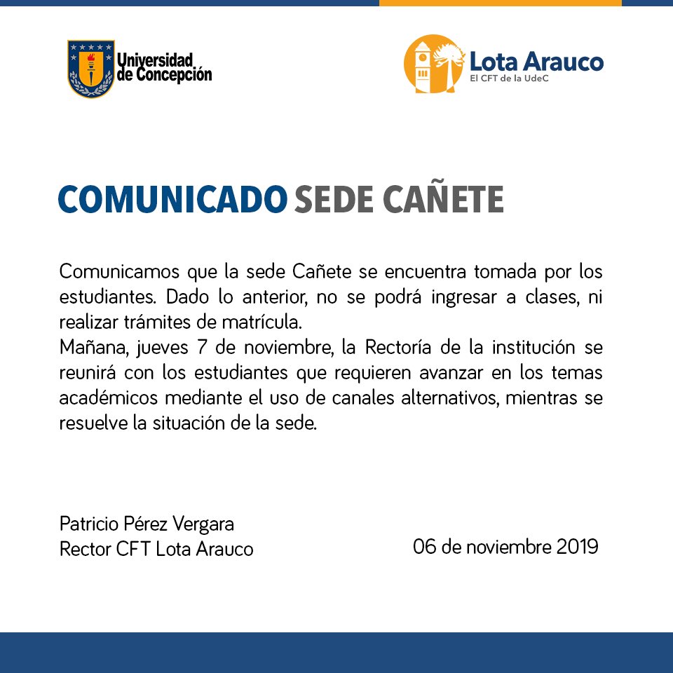 CFTLotaArauco1's tweet photo. 🚨ATENCIÓN SEDE CAÑETE 🚨
Extendemos comunicado de hoy, miércoles 6 de noviembre https://t.co/MVMh48TcEd