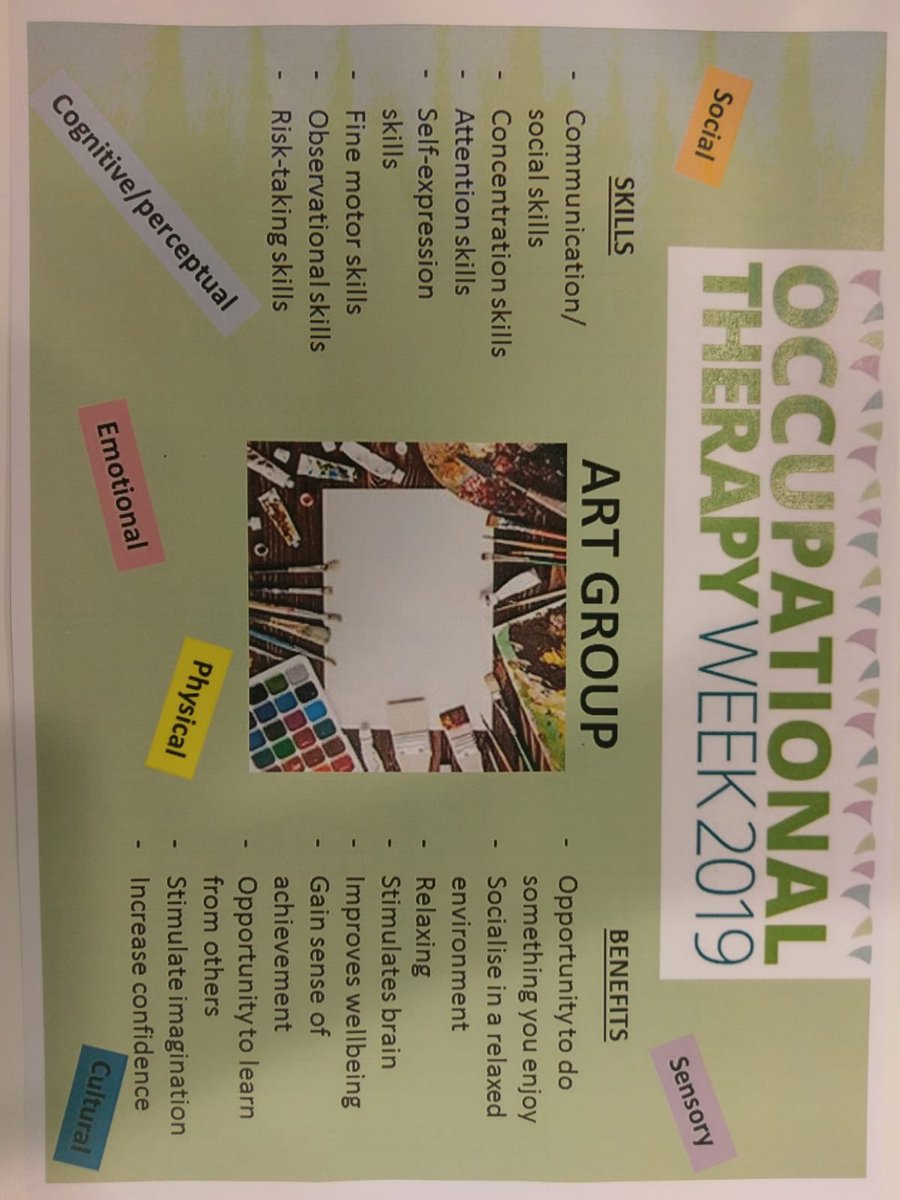 BethmanningOT's tweet photo. Art group this afternoon to continue on the #OTWeek2019 celebrations! Facilitated in the canteen to involve as many staff and patients as possible! Staff and patients created a lovely #empowering environment #therapeuticuseofself #HarrowOTs @butterflylilly9 @PauDBY 🌈🦋 https://t.co/IBm6W7MhHB