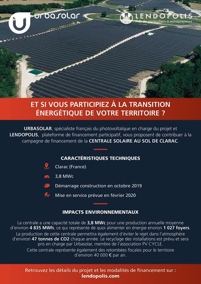 L'ancien centre de stockage des déchets de Clarac va accueillir une centrale solaire.
Vous pouvez participer financièrement au projet. Retrouvez toutes les informations et modalités de participation sur le site en charge de la collecte des fonds : 
lendopolis.com/project/centra…