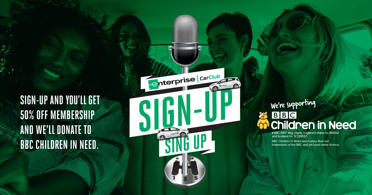 EnterpriseCarC's tweet photo. For a limited time, sign-up and enjoy 50% off membership &amp; we’ll donate up to £10 to @BBCCiN. Get instant access to 1,400+ vehicles in over 170 towns, cities and communities across the UK. 

For more information, please visit: https://t.co/Hy95Jxhi9B https://t.co/U49ounV9g2