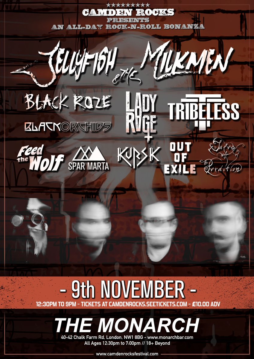 📣 This Saturday in London 📣 #CamdenRocks presents an all-day rock-n-roll bonanza feat. #JellyfishAndTheMilkmen <a href="/LadyRage_UK/">Lady Rage</a> <a href="/TheTribeless/">The Tribeless</a> @_BlackOrchids_ @OutOfExile_Band &amp; more live at @CamdenMonarch on 9th November. Final Tickets &amp; Info 👉 facebook.com/events/5325256…