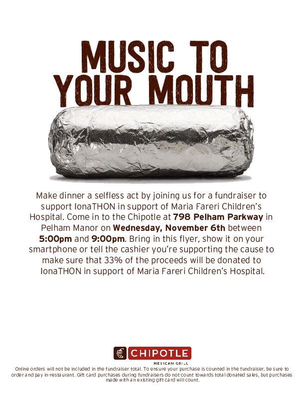 IonaTHON's tweet photo. Happening today from 5-9 at Chipotle in Pelham! Just mention or show this flyer and a portion of your total will be donated towards IonaTHON! #ftk https://t.co/dPsryN9aqw