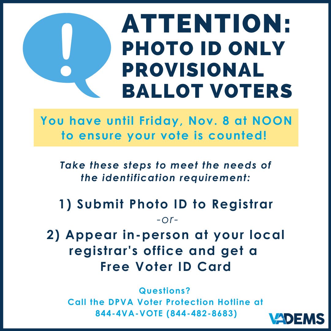 vademocrats's tweet photo. 🚨ATTENTION: Photo ID Only Provisional Ballot Voters 🚨

You have until FRIDAY, NOVEMBER 8th at NOON to ensure your vote is counted. https://t.co/30VsKXGSSB