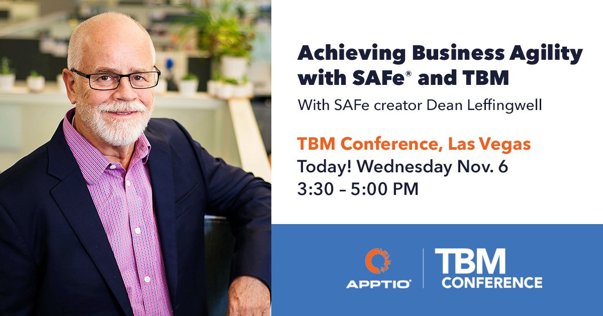 ScaledAgile's tweet photo. In Vegas at the @Apptio #TBMC19 Conference? Don't miss @Deanleffingwell's presentation where you'll learn how TBM and #SAFe work together to deliver more value and achieve greater business agility via a stronger partnership with the business. Today! https://t.co/d7gexVvBNA https://t.co/N06BU93Xb8