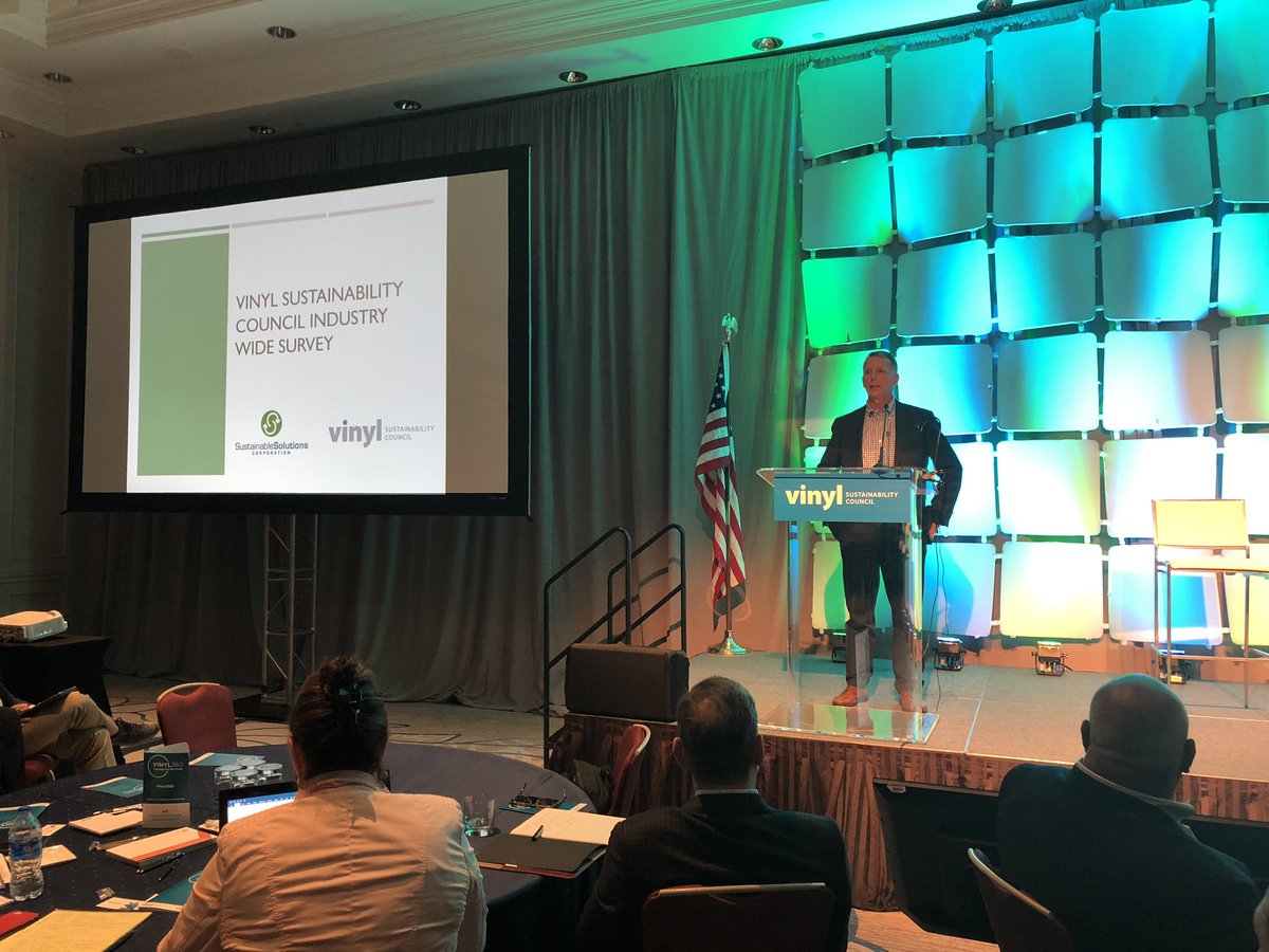 Tad Radzinski, of <a href="/SustainableSols/">Sustainable Solutions Corporation</a>/<a href="/GreenCircleCert/">GreenCircle Certified</a>, presents results from the VSC’s benchmarking survey to attendees. #Vinyl360