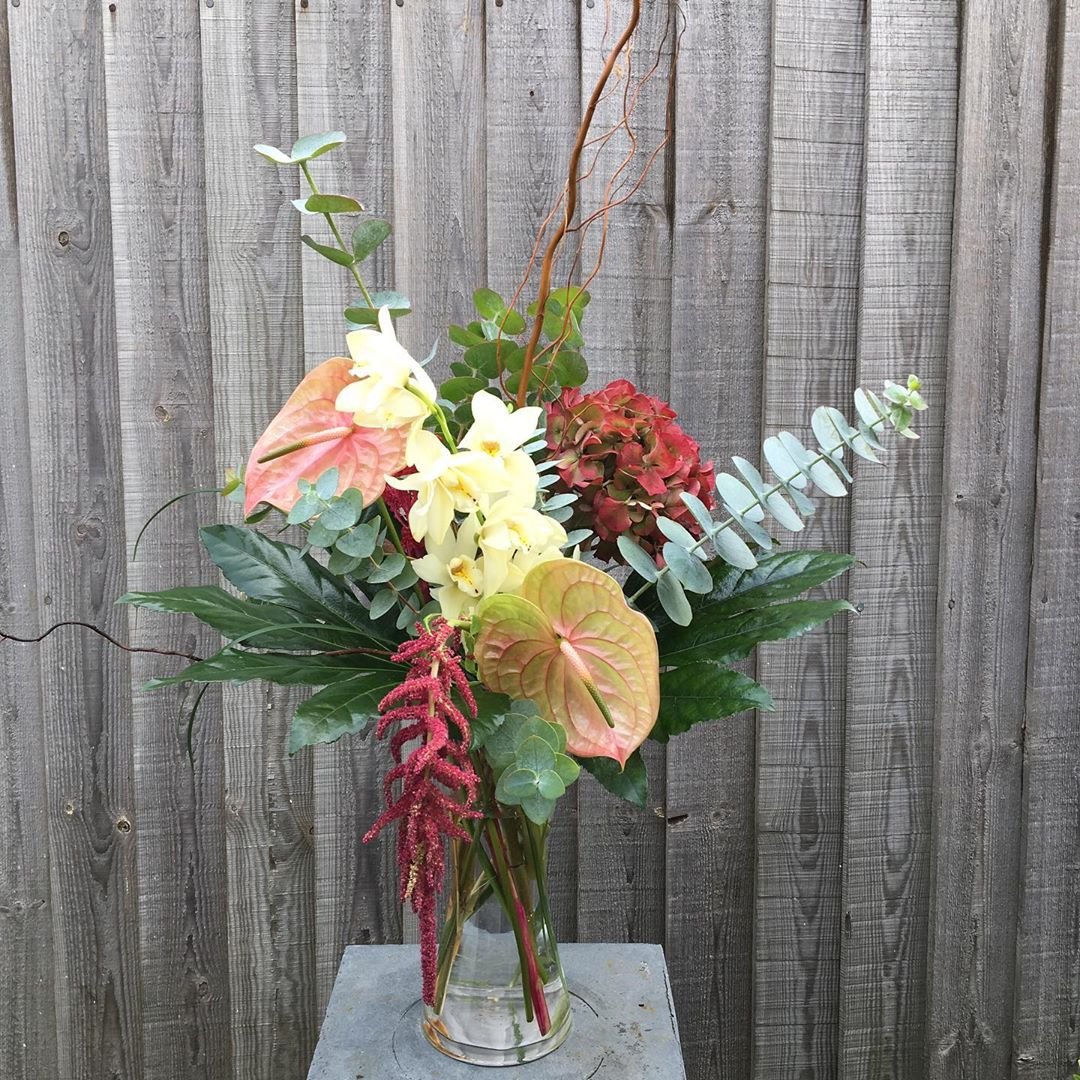 pjfcoleshill's tweet photo. C O R P O R A T E
This weeks corporate vases with some bonfire night vibes , featuring deep red amaranthus , celosia , orchids , Hydrangea and peachy anthuriums. https://t.co/gpWUouUlH1