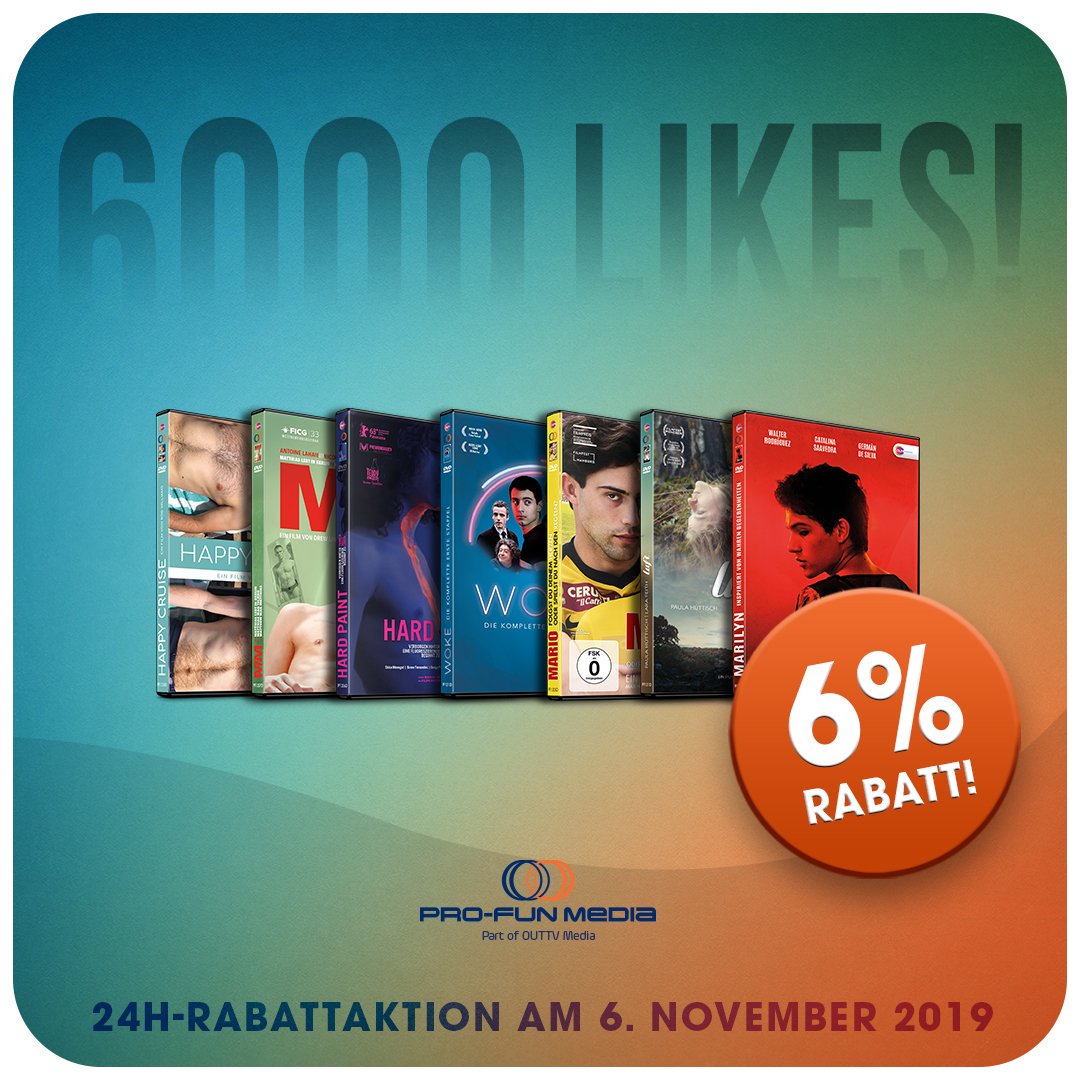 Danke für 6000 Likes auf #Facebook! Das feiern wir heute mit unserer exklusiven 24h-#Rabattaktion!

NUR HEUTE am 6. November: 6% Rabatt auf alle #DVDs und BLU-RAYs in unserem Online-Shop!

Klickt gleich hier: pro-fun.de/shopping/

#gay #lgbtq #movies #discount #schnellsein