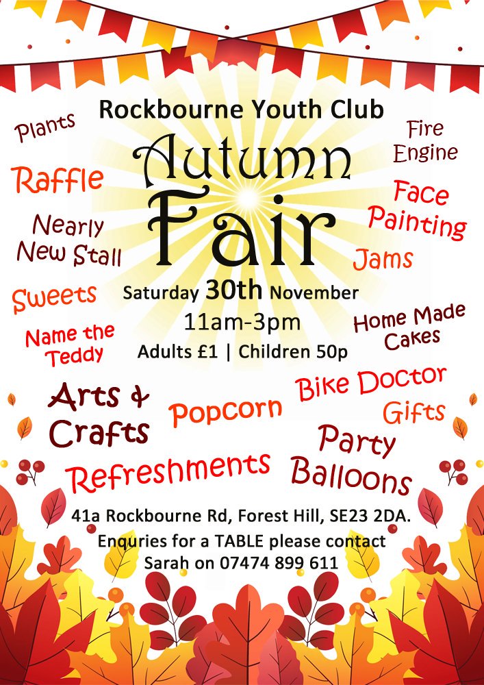 rycse23's tweet photo. Rockbourne Autumn Fair
Saturday 30th
November 11am - 3pm
🍁Everyone Welcome🍁 #fundraising #localsupport 
#se23 #autumnfair #familyfun #rycse23 #foresthill #youthclub https://t.co/sZ38JrCa6I