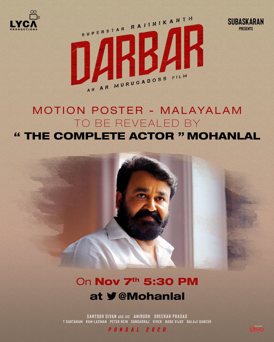 ARMurugadoss's tweet photo. Previlaged to announce that our #DarbarMotionPoster 
will be unveiled by top celebrities of our Indian cinema.@ikamalhaasan sir, @BeingSalmanKhan sir, and @Mohanlal sir. Watch out our thalaivar @rajinikanth tomorrow with @anirudhofficial mass theme. @LycaProductions https://t.co/84dVSzpBTG