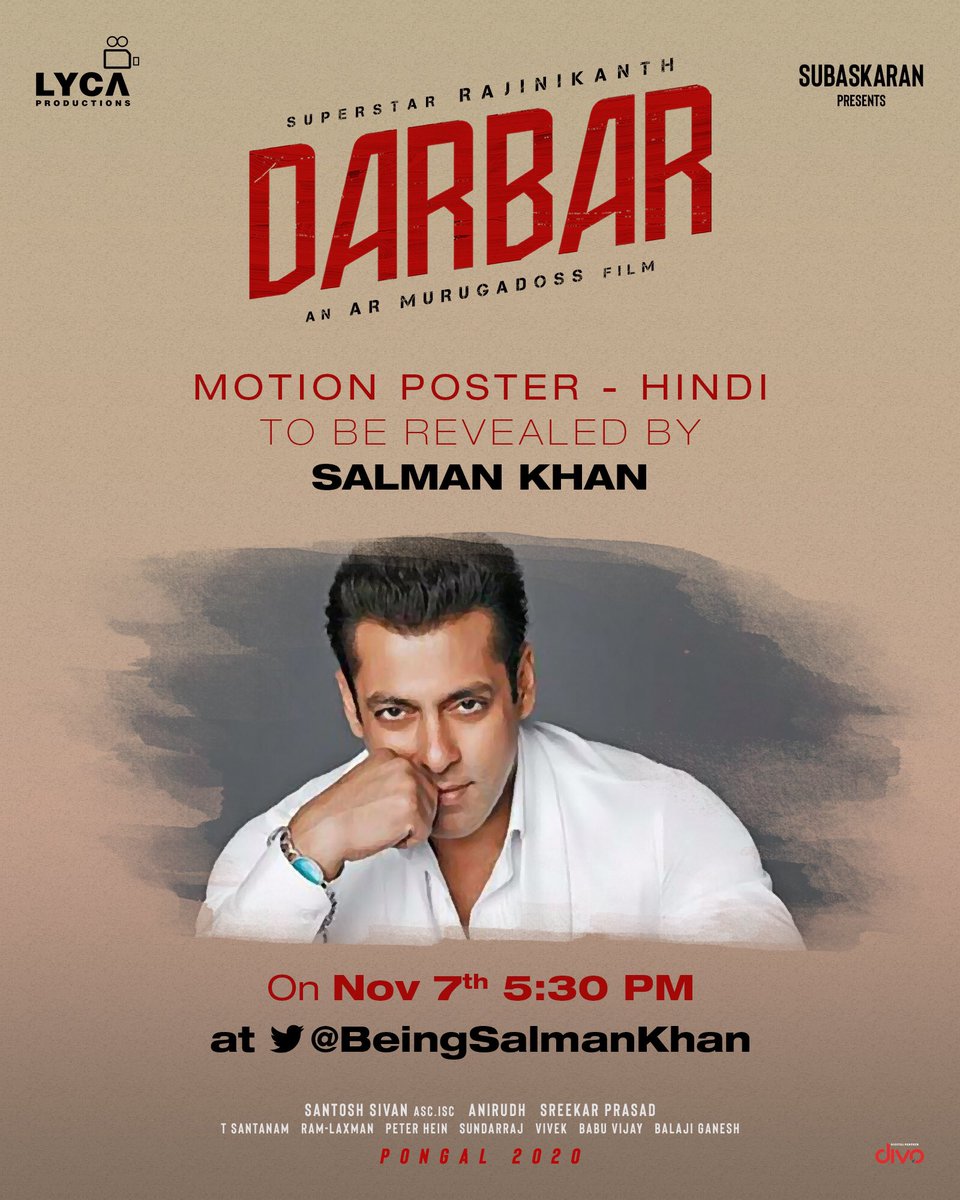 ARMurugadoss's tweet photo. Previlaged to announce that our #DarbarMotionPoster 
will be unveiled by top celebrities of our Indian cinema.@ikamalhaasan sir, @BeingSalmanKhan sir, and @Mohanlal sir. Watch out our thalaivar @rajinikanth tomorrow with @anirudhofficial mass theme. @LycaProductions https://t.co/84dVSzpBTG