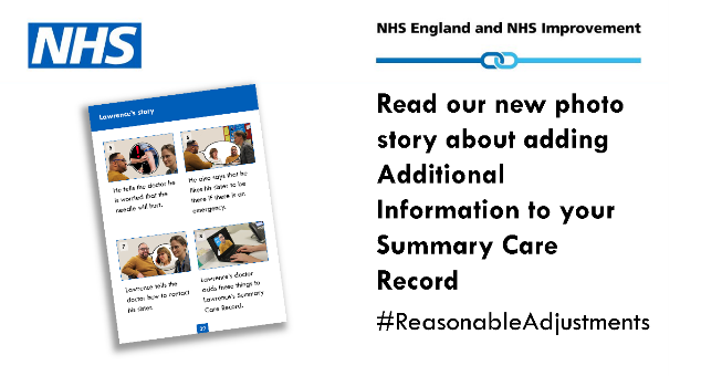 NHSAbility's tweet photo. We've been working with @NHSDigital on photostory to help explain how to add #AdditionalInformation to #SummaryCareRecord to get the #reasonableadjustments you need. Read here https://t.co/iVzsFntX4J #AccessibleInfo #ReasonableAdjustments @LEEDSMENCAP @changepeople_ @Leep1leeds https://t.co/D25ZBMvwx5