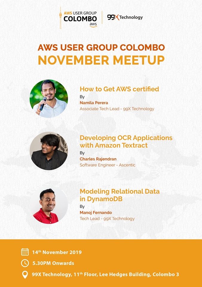 rehrumesh's tweet photo. AWS UG CMB - November @AWSUserGroups 
Date: Nov 14th
Time: 5.30PM onwards
Venue: 99X Technology, 11th Floor, Lee Hedges Building, Colombo 3
@supernamila @mjmrz @charlesraje https://t.co/FepQswcCbN