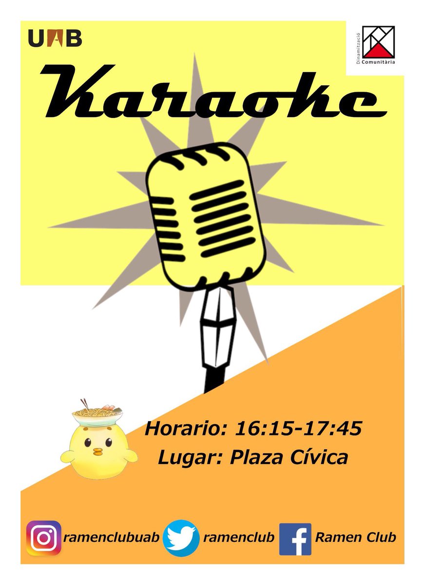 ramenbuUAB's tweet photo. ¡Hola a todos!
Como muchos ya sabéis mañana día 7 de noviembre se celebrará la #FMUAB y nosotros participaremos haciendo un karaoke en el escenario de la Plaça Cívica de 16:15 a 17:45.
¡Venid a cantar y a pasarlo en grande con nosotros! https://t.co/nRg1bcNJhV
