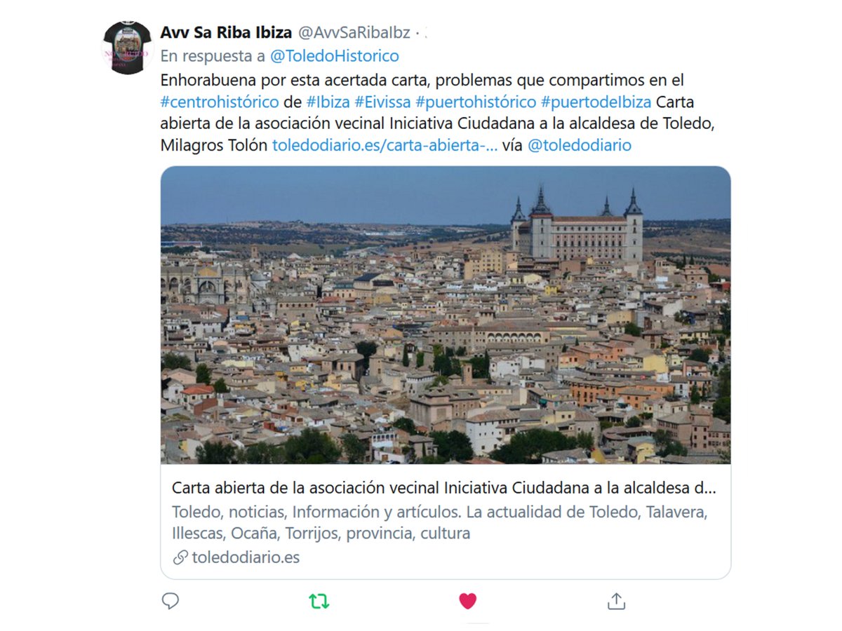 ToledoHistorico's tweet photo. #CascoHistórico #Turistificación
¡MUCHAS GRACIAS!
La asociación de vecinos del barrio del puerto de Ibiza @AvvSaRibaIbz hace eco de la carta de AV Iniciativa Ciudadana @ToledoHistorico sobre turistificación del #CascoHistórico #Toledo
Vía @toledodiario
https://t.co/futm9GuxZW https://t.co/HQQrlkDk1V