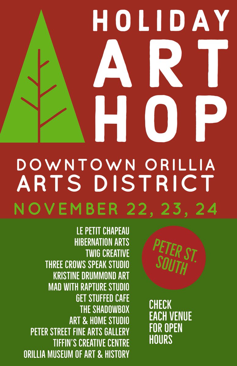 Upcoming in the <a href="/OrilliaArtsDist/">Orillia ArtsDistrict</a> - *Holiday Art Hop* weekend. Discover the amazing ART spaces on Peter St. S. in <a href="/OrilliaDowntown/">Downtown Orillia BIA</a>. Unique gifts, original art! Nov 22-24. #OrilliaArtsCommunity #Orillia
