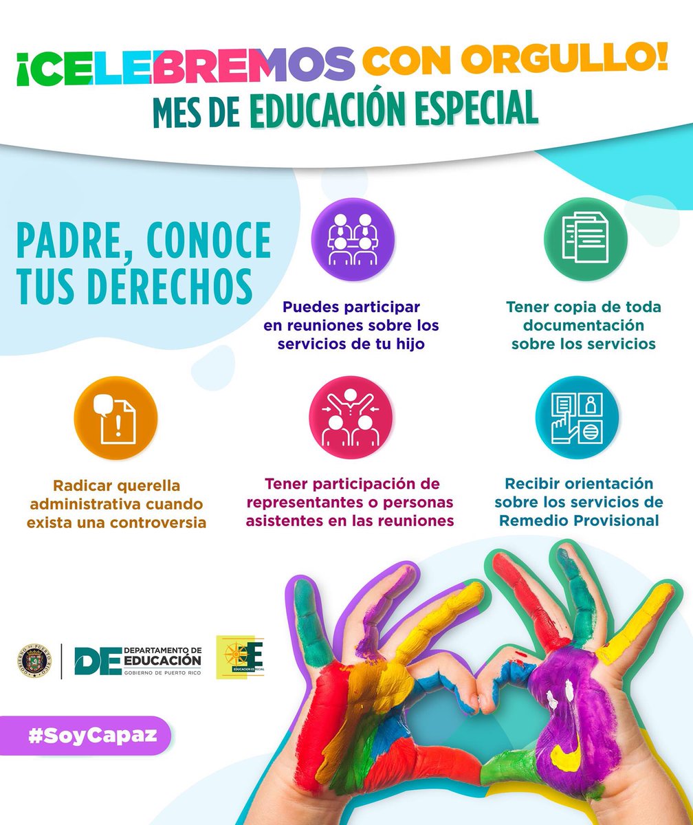 Durante el mes de educación especial, exhortamos a todo padre, madre o encargado a conocer cuáles son los derechos de sus niños.

Para detalles, visite de.pr.gov